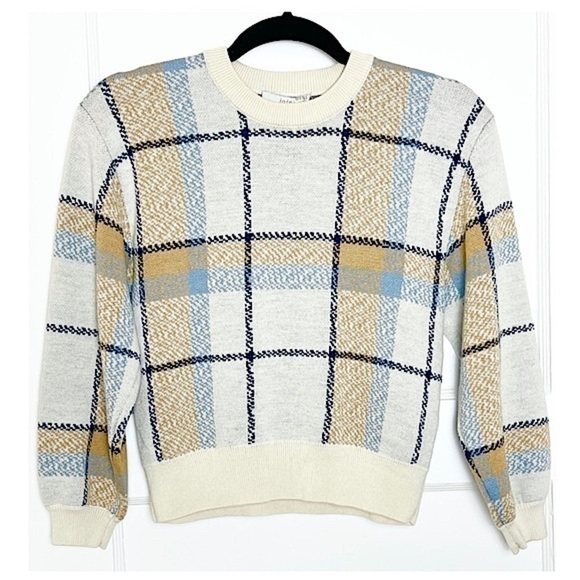 JOIE Wool Plaid Check Knit 3/4 Long Sleeve Crewneck Cropped Pullover Sweater XS - Picture 6 of 14